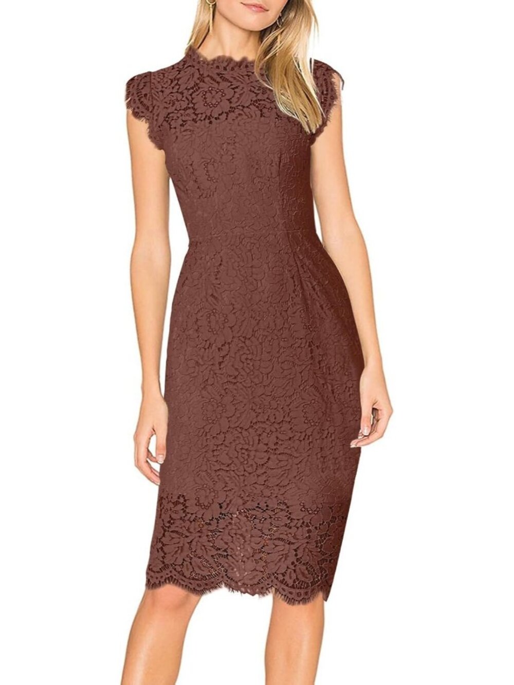 Women's Coffee Lace Cocktail Crew Neck Sleeveless Slimming Sheath Midi Dresses